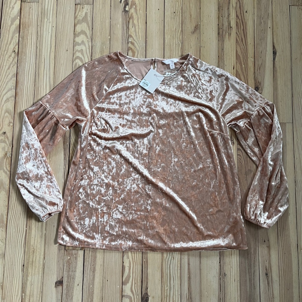 Lauren Conrad Velvet Pink Crushed Balloon Sleeve‎ Top Rose Gold XL Fancy Elegant
